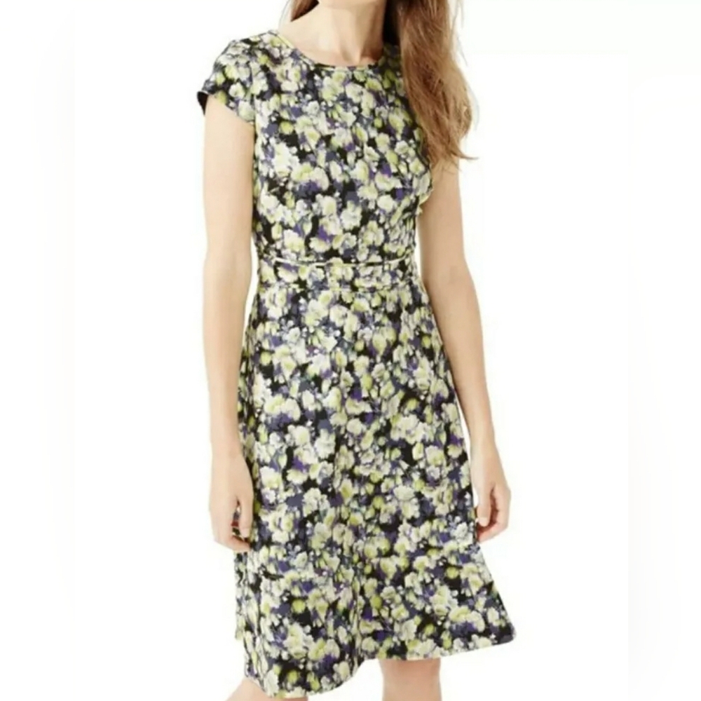 J. Crew Clover Floral Print Cap Sleeve Career Dress Size 00 XS Yellow Purple